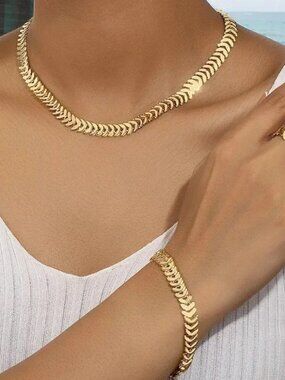 Necklace Ring Bracelet 3pc Set Gold Tone Leaf Chain Statement Glam Trendy Y2k